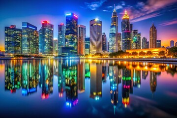 Fototapeta premium Night City Skyline Reflection, Modern Architecture, Vibrant Lights, Urban Landscape, Cityscape