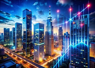 Obraz premium Night Cityscape: Social Media Growth & Statistics, Illuminated Numbers Rising