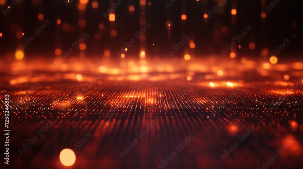 Poster abstract red and orange glowing particle grid with bokeh lights for futuristic technology background