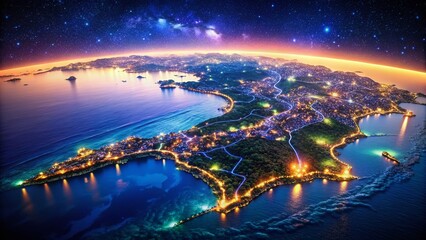 Naklejka premium Nightfall Isometric Map of Miyako Island, Japan: 3D Aerial View