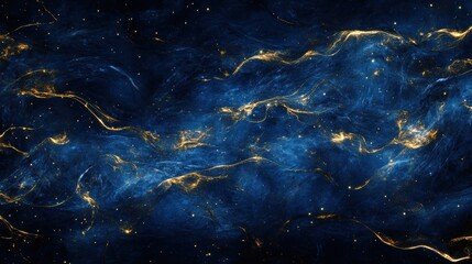 Celestial Nebula Abstract Background with Glowing Gold Veins and Sparkling Stars in Deep Blue