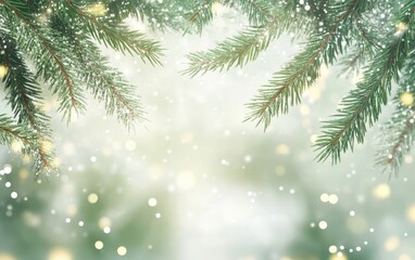 Obraz premium Festive Holiday Background with Snowy Pine Branches and Bokeh Lights for Christmas and New Year