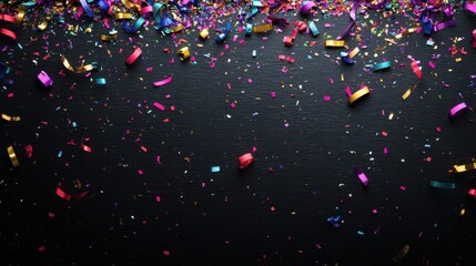 Festive Celebration Background with Colorful Confetti and Streamers on Black Texture, Party, Birthday, and Event Concept.
