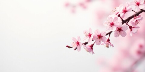 Obraz premium Delicate Pink Blossoms on a Branch Against a Soft White Background
