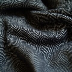 Close-up of Elegant Dark Gray Herringbone Tweed Fabric with Soft Drapes
