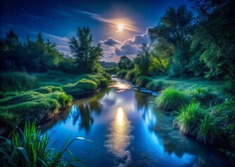 Fototapeta premium Night Photography: Serene Small Stream, Moonlight Reflections, Dark Water, Nature Scene, Peaceful River