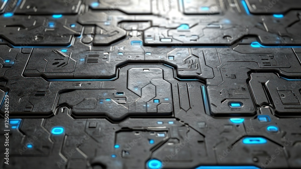 Poster abstract metallic surface with intricate circuit patterns and blue lighting