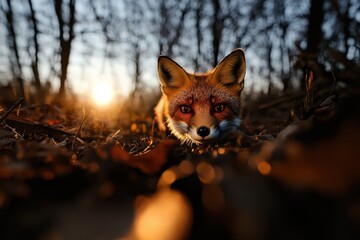 Fototapeta premium A close-up shot of a curious fox emerging from the forest floor as the sun sets, casting a warm glow on its vibrant fur and surroundings.