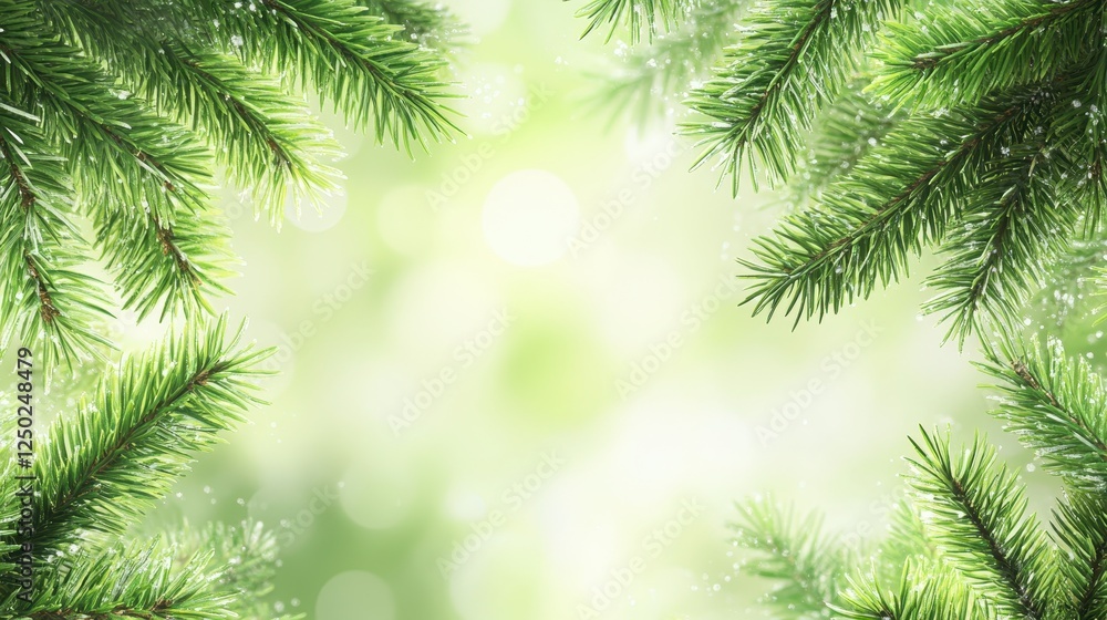 Poster festive fir branches frame on blurred light green background with bokeh.