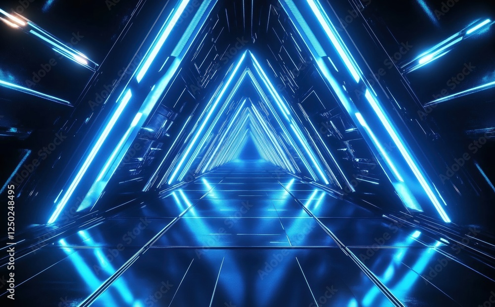 Wall mural illuminated neon triangular tunnel with reflective floor evoking futuristic vibes