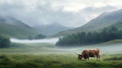 Serene Landscape with Brown Cow Grazing in Misty Valley Setting