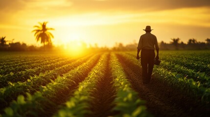 Fototapeta premium A farmer walks through lush green fields during sunset, embracing the tranquility of rural life and the rewards of hard work in agriculture.