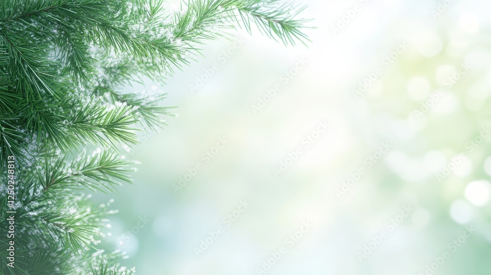 Poster fresh green pine branches with delicate snowflakes on a soft bokeh background
