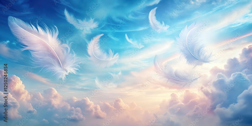 Wall mural Gentle wisps of soft pastel clouds drift across a serene sky with feathery white and pale blue hues blending seamlessly into a dreamy atmosphere, serene, ethereal