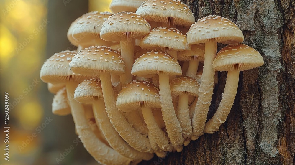 Poster cluster of mushrooms on tree trunk in forest