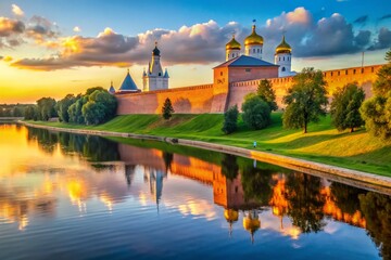 Naklejka premium Novgorod Kremlin Walls, Volkhov River, Russia - July 30, 2024. Historic Fortress Panorama.
