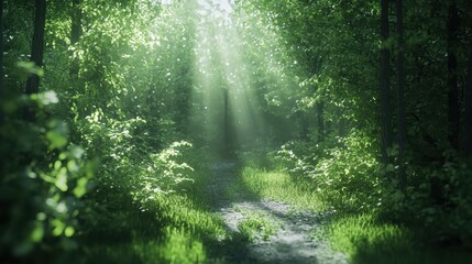 Obraz premium Sun-Drenched Forest Path Serene Woodland Scene with Beams of Light Shining Through Verdant Foliage.