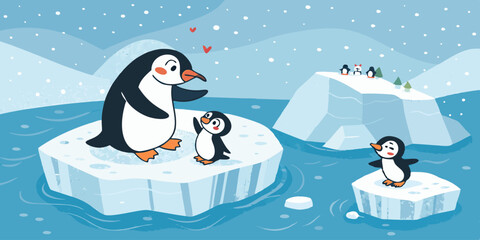Cute cartoon penguins, ice floe, igloo, playful poses, snowy background, flat illustration style, pastel blue color palette, minimalist design, children's book illustration, vector art,