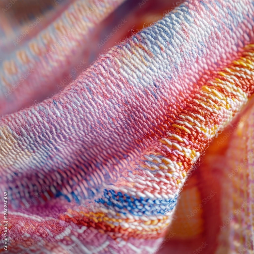 Poster macro close-up of colorful handwoven fabric with intricate texture