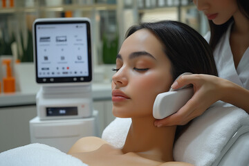 Illustration of a beauty clinic staff using a facial massager for a sleeping customer, with a display screen of the beauty machine. Using a professional and highly efficient medical beauty specialist