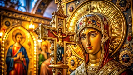 Fototapeta premium Orthodox Virgin Mary Protection, Byzantine Cross, Golden Religious Art, Christian Faith, Holy Mother