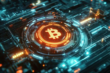 Futuristic Digital Background with Bitcoin Logo and Glowing Circuit Elements