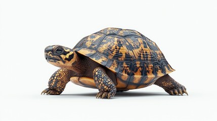 Obraz premium Realistic close-up of a tortoise in a neutral background, showcasing its intricate shell patterns and textures