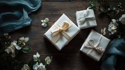 Elegant Gift Boxes Wrapped in White Paper with Delicate Ribbons and Floral Accents on Rustic Wood Table, Top View
