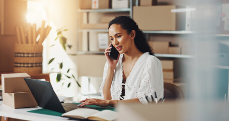 Owner, boxes and woman with phone call on laptop for stock order, supply chain and shipping...