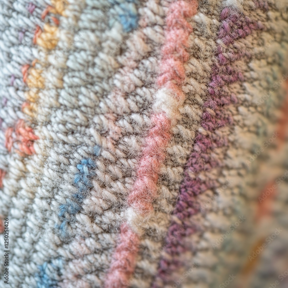 Poster macro texture of a colorful wool knit fabric with interwoven threads and soft hues
