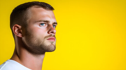 Fototapeta premium Portrait of a young man with a serious expression against a bright yellow background showcasing confidence, strength, and individuality in a studio setting