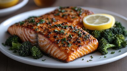Grilled salmon fillets served with lemon and broccoli on a white plate, showcasing a healthy meal