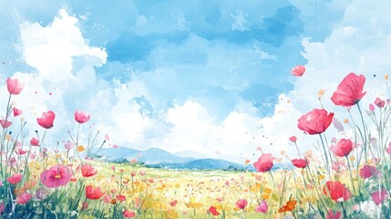 Fototapeta premium Watercolor Meadow: Blooming Flowers Under a Blue Sky with Clouds