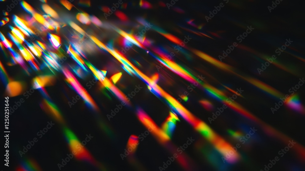 Poster rainbow light prism effect abstract light rays with spectral colors on dark background.