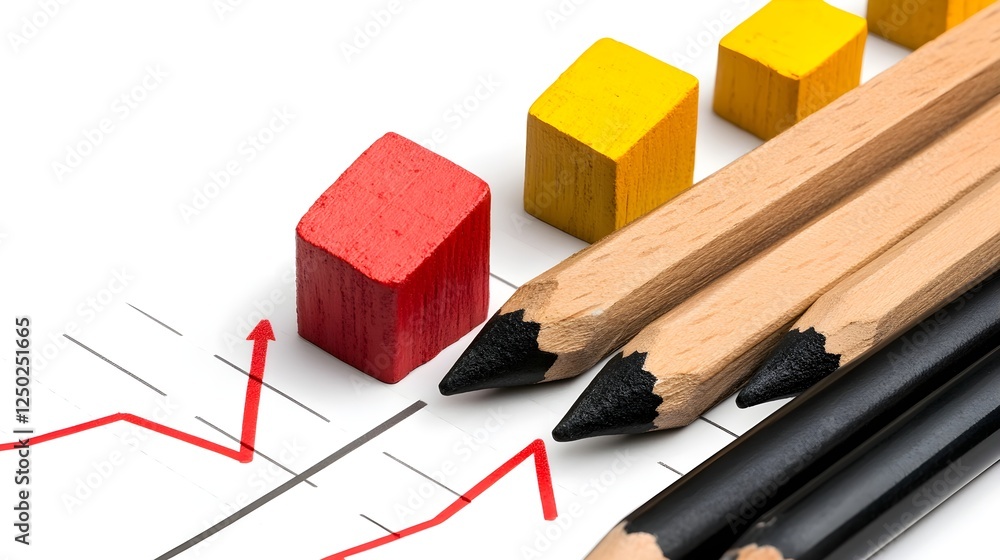 Poster red block and colored pencils on financial chart with rising graph and cubes indicating growth and p