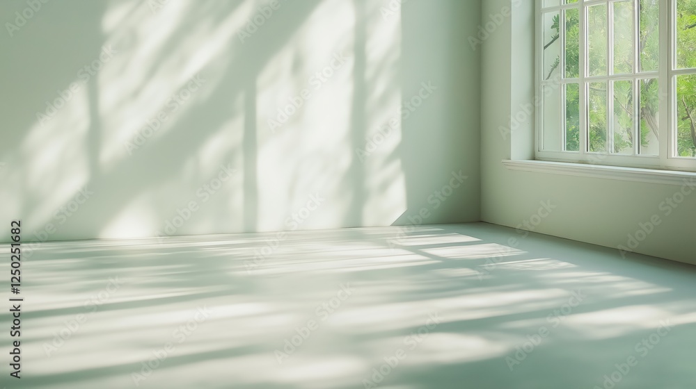 Poster bright empty room with sunlight and shadows through large window