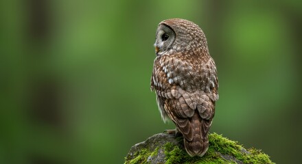 Ural Owl Perched on Mossy Rock Facing Away