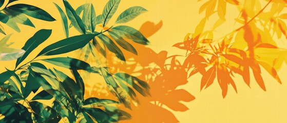 Fototapeta premium Vibrant Green Leaves Casting Shadows on Warm Yellow Background