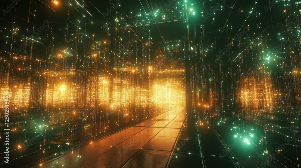 Poster abstract sci-fi data stream tunnel with glowing lights and futuristic architecture