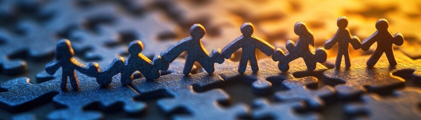 Figures standing on interlocking puzzle pieces, building bridges across gaps, representing teamwork and cooperation This powerful image symbolizes unity, trust, and collaboration It depicts a group