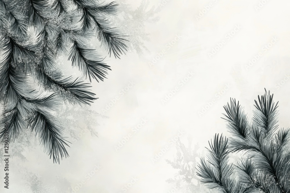 Poster elegant gray-scale pine branch frame with copy space on white textured background.