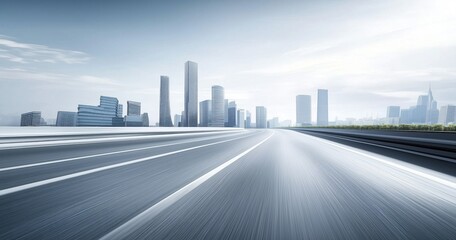 Fototapeta premium Sleek Modern Highway Stretching Towards Futuristic City Skyline Under Bright Blue Sky