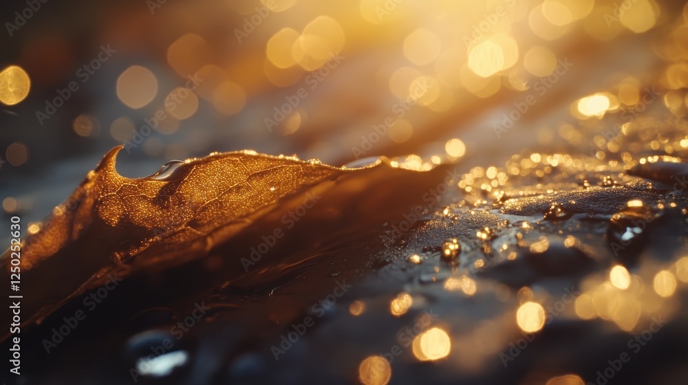 Poster golden leaf dew drops abstract macro of autumn foliage with bokeh lights.