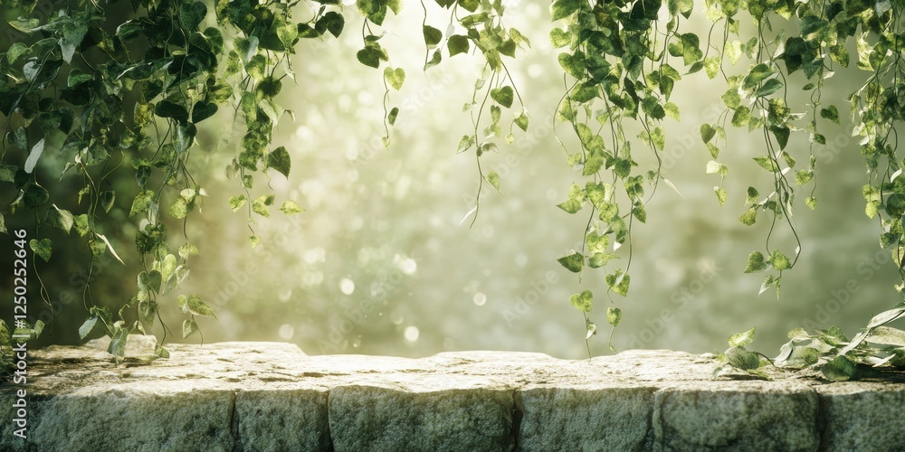 Poster stone ledge with cascading ivy and dreamy bokeh background ideal for product display and nature mock