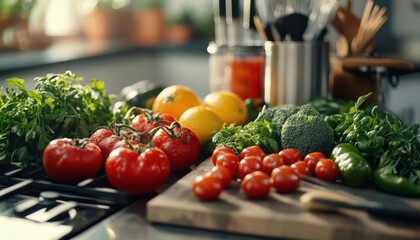 Fresh Produce on Kitchen Countertop A Vibrant Still Life Depicting Healthy Eating, Culinary Delights, and the Joys of Cooking with Natural Ingredients This captivating image showcases a colorful