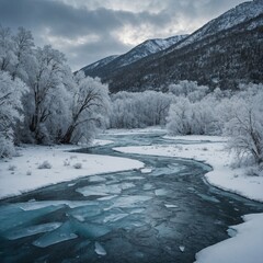 A frozen river winding through a snowy mountain landscape, with ice-covered trees along the banks.