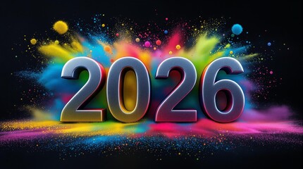 2026 Typography with Color Explosion Background. Dynamic 2026 new year Graphic Design with Spectrum Color Bursts