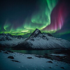 A night-time snowy mountain scene, with a glowing aurora borealis illuminating the sky.