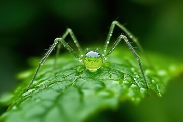 Dew-Kissed Harvestman Spider Macro Close-Up of Opiliones on Vibrant Green Leaf with Water Droplet Reflection.