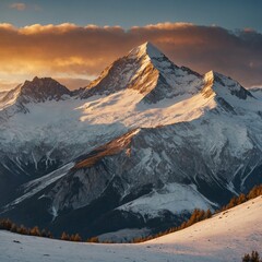 A majestic snowy mountain range at sunrise, with golden light reflecting off the icy peaks.